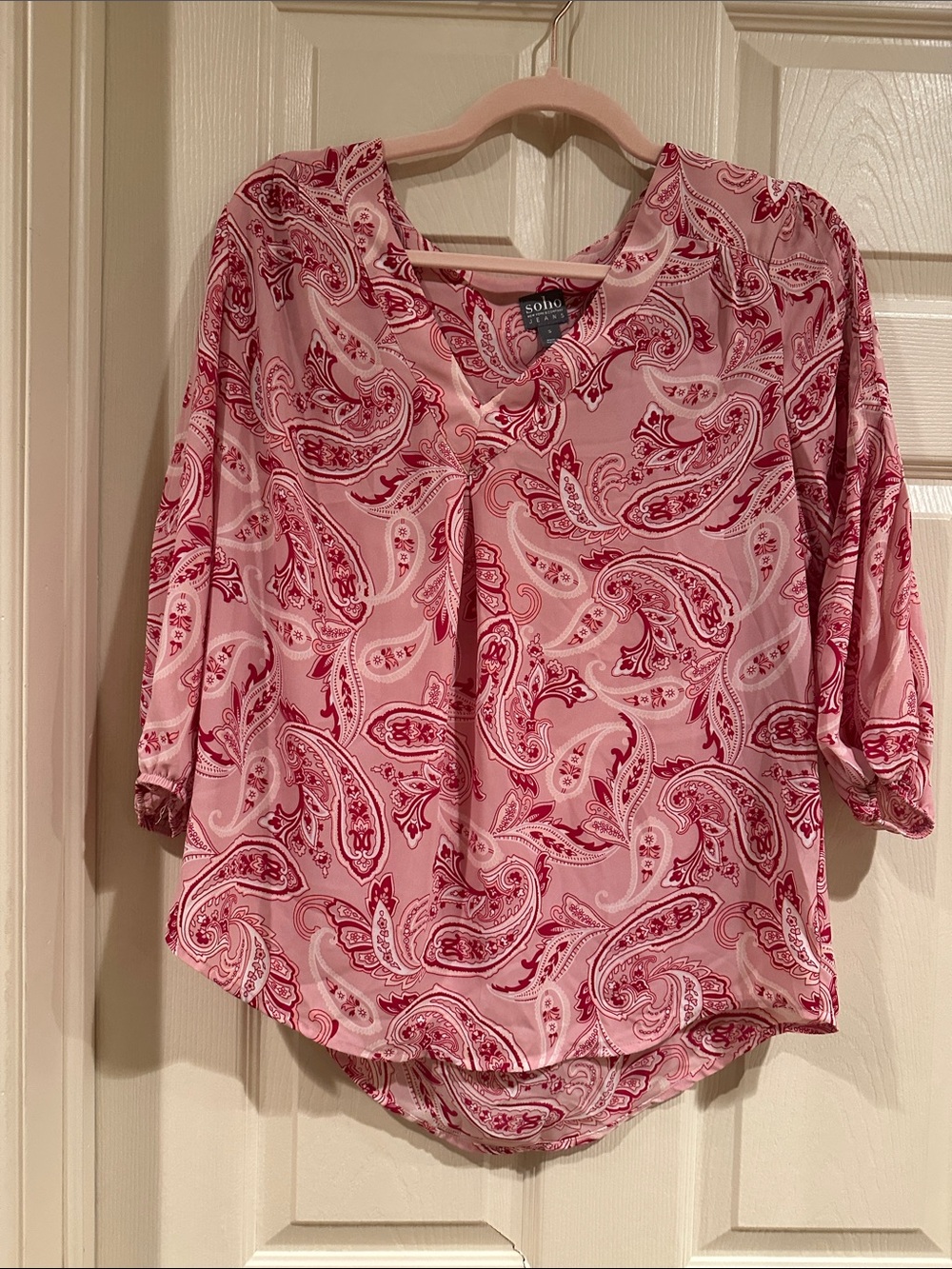 Soho Pink Paisley V-Neck Roll-Sleeve Blouse